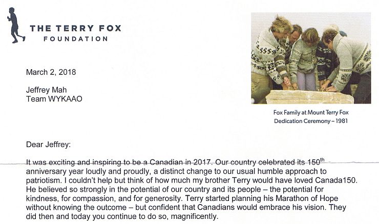 Acknowledgement from Terry Fox Foundation