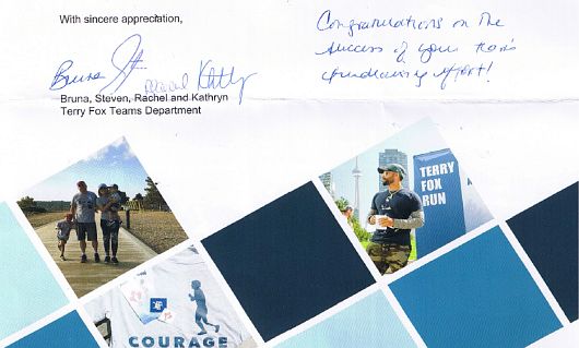 Acknowledgement from the Terry Fox Foundation